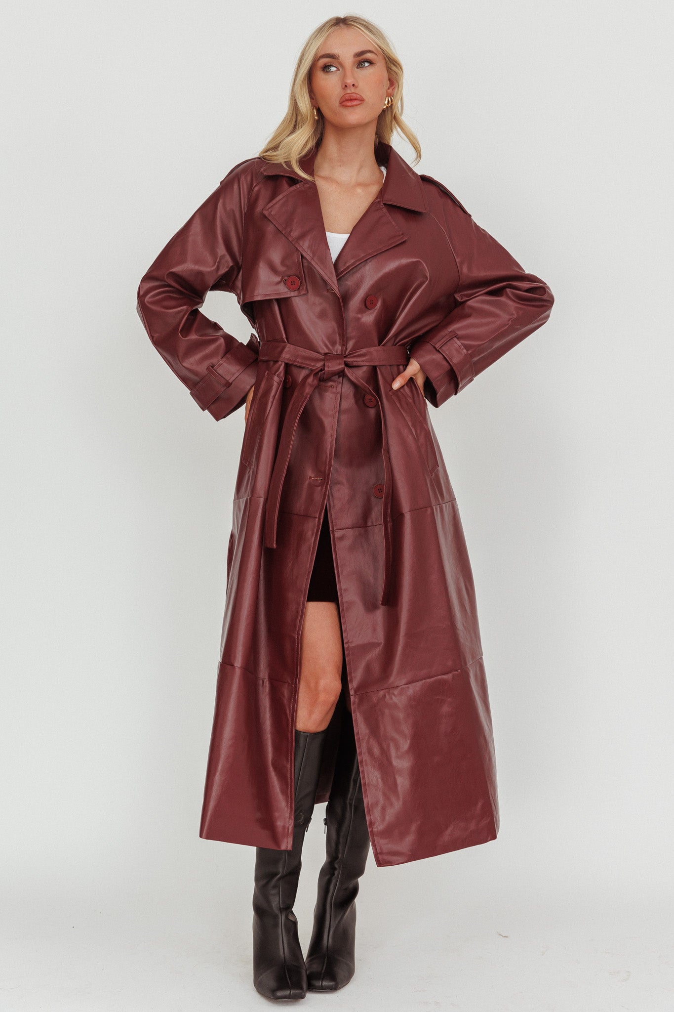 Lyora Longline Faux Leather Trench Coat Burgundy-Fable Dress