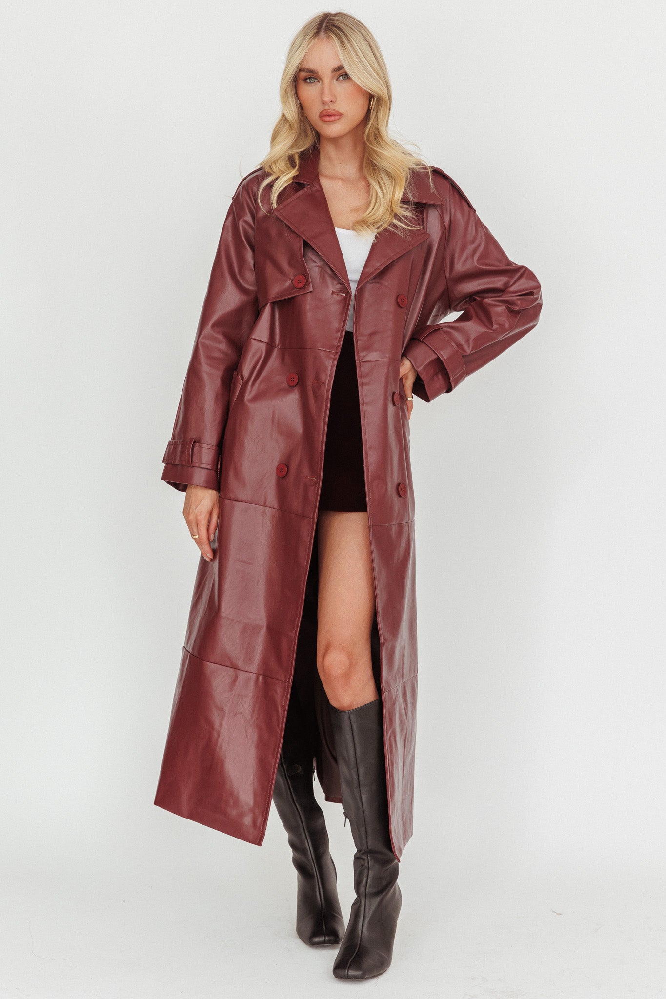 Lyora Longline Faux Leather Trench Coat Burgundy-Fable Dress
