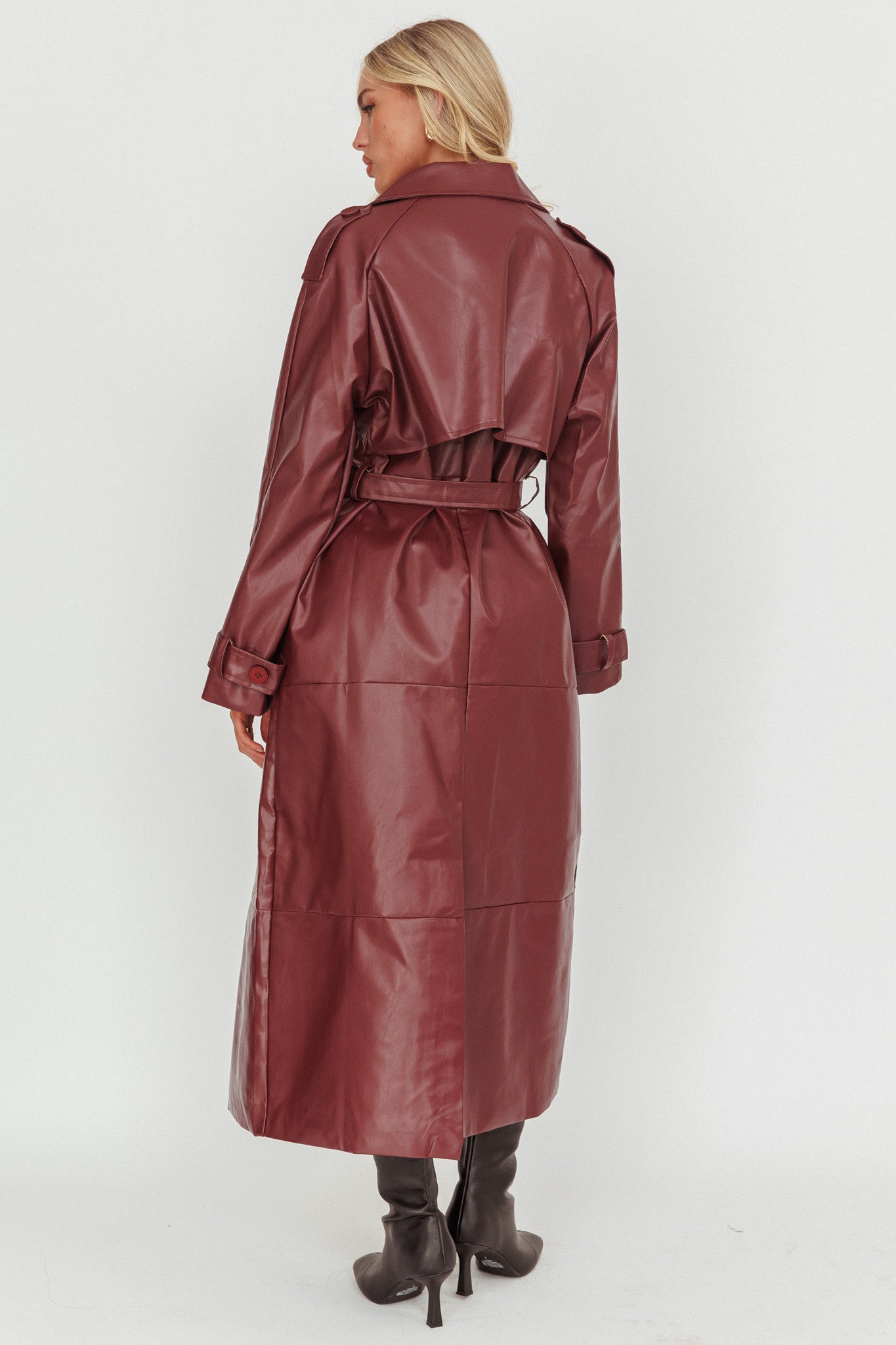 Lyora Longline Faux Leather Trench Coat Burgundy-Fable Dress