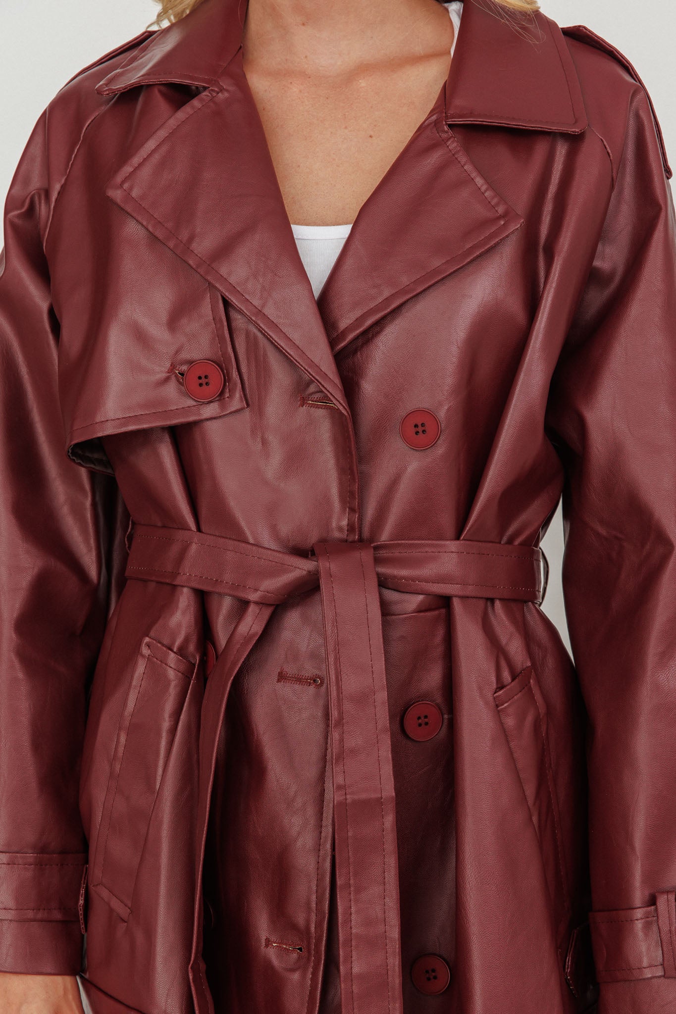Lyora Longline Faux Leather Trench Coat Burgundy-Fable Dress
