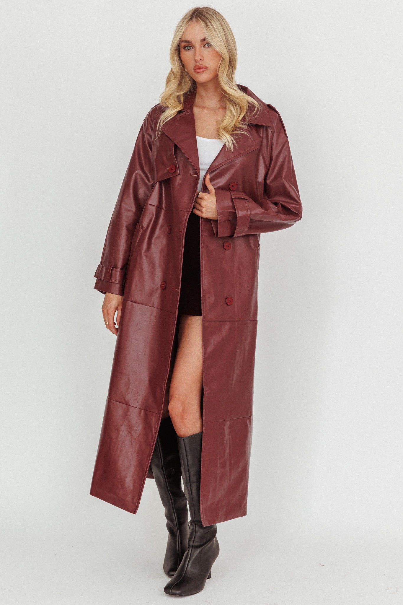 Lyora Longline Faux Leather Trench Coat Burgundy-Fable Dress