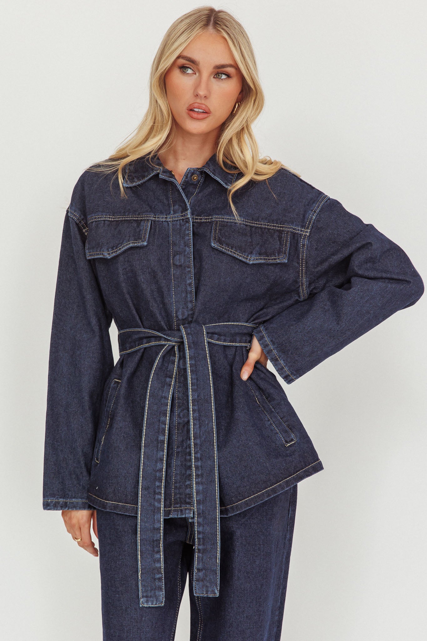 Belisse Waist Tie Button Jacket Denim Blue-Fable Dress