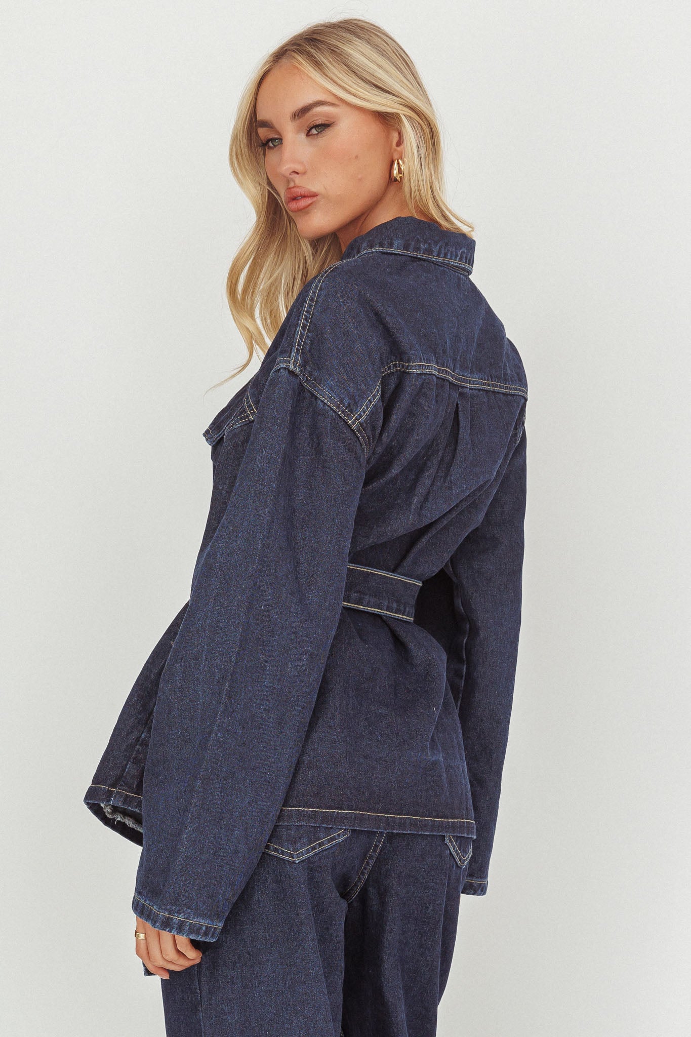 Belisse Waist Tie Button Jacket Denim Blue-Fable Dress
