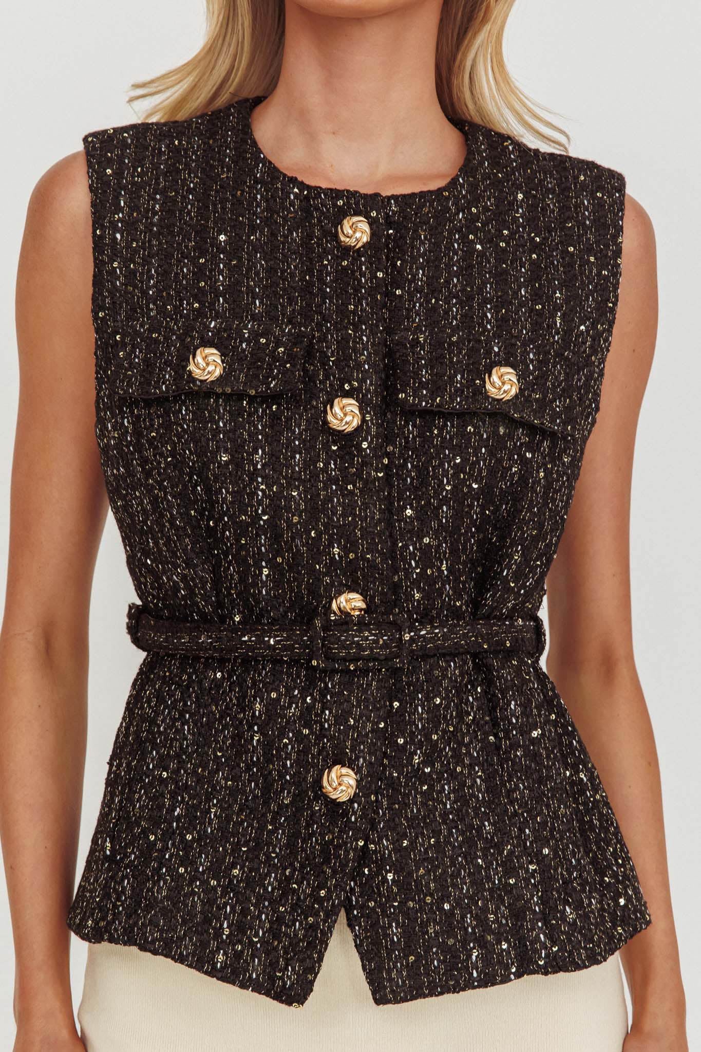 Zephyra Tweed Waist Belt Top Sequin Black-Fable Dress