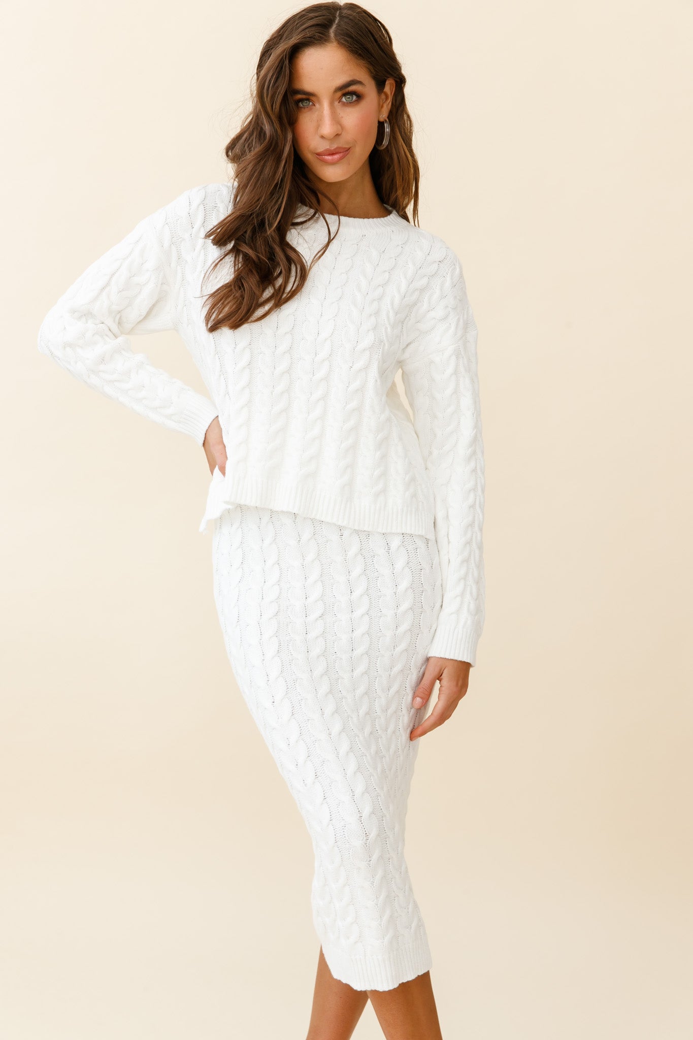 Cozy Up Cable Knit Midi Skirt White-Fable Dress