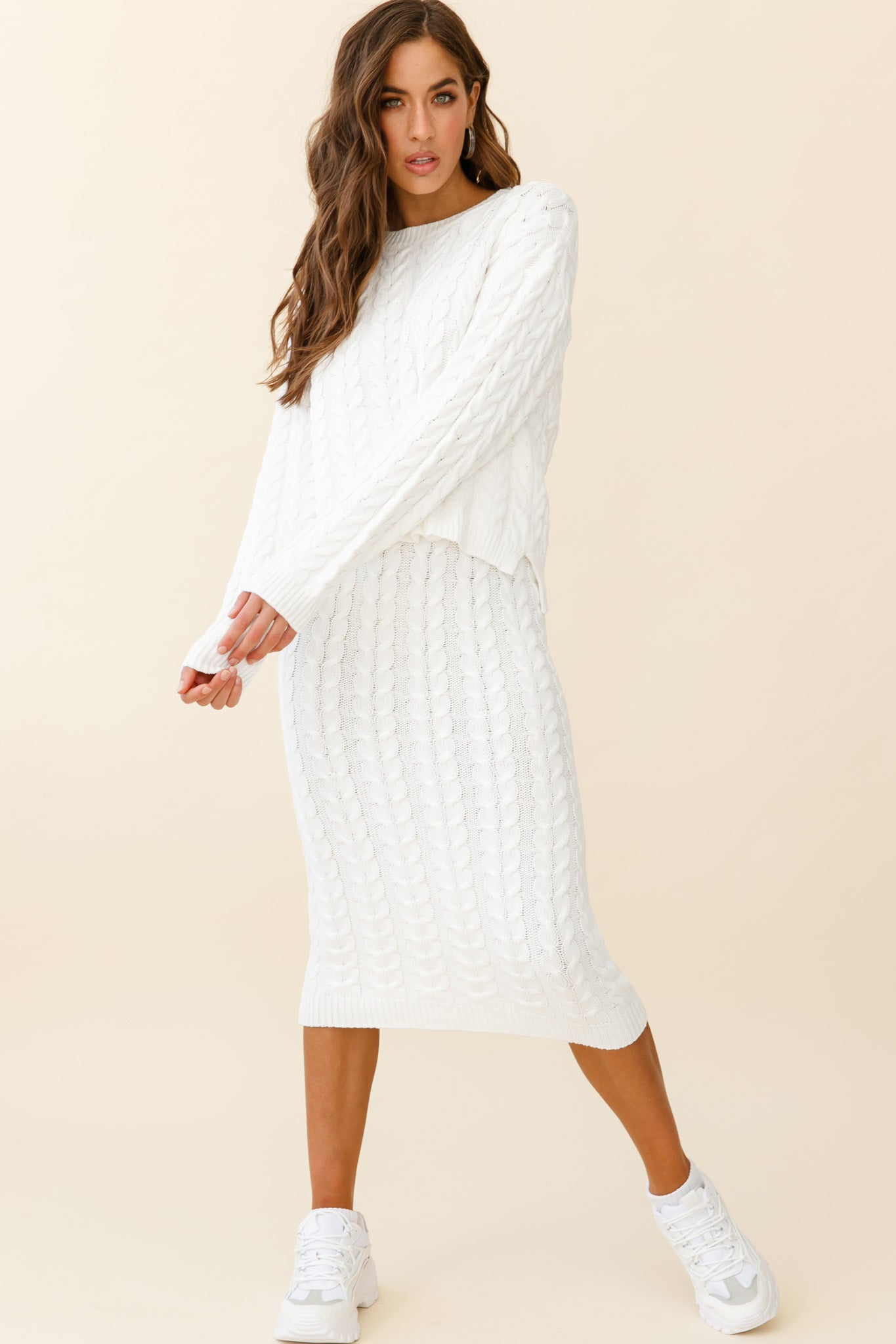 Cozy Up Cable Knit Midi Skirt White-Fable Dress