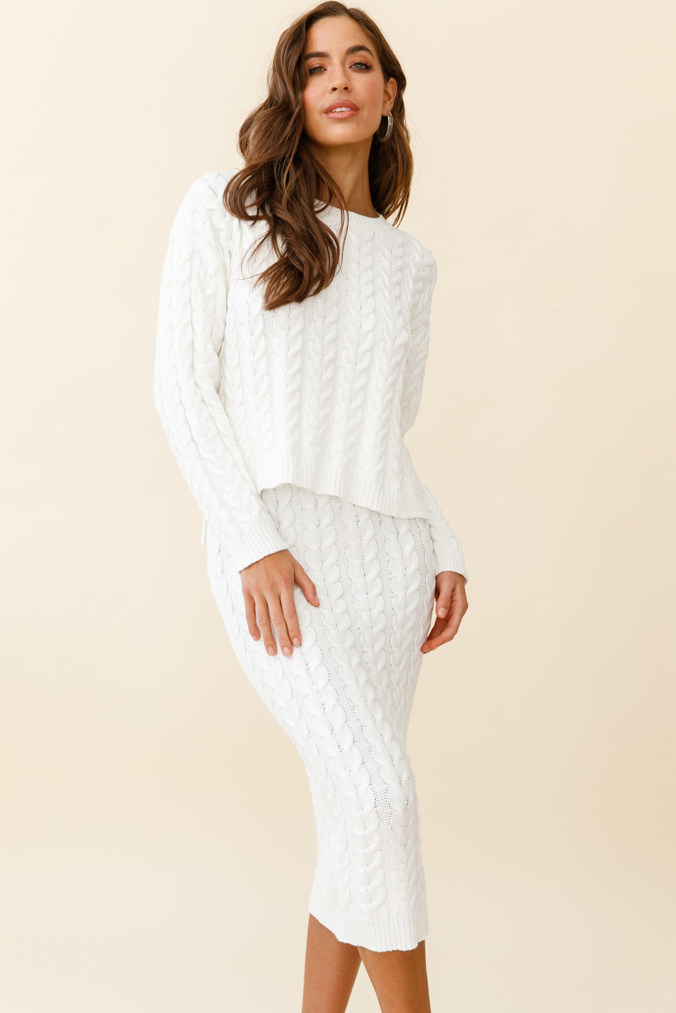 Cozy Up Cable Knit Midi Skirt White-Fable Dress