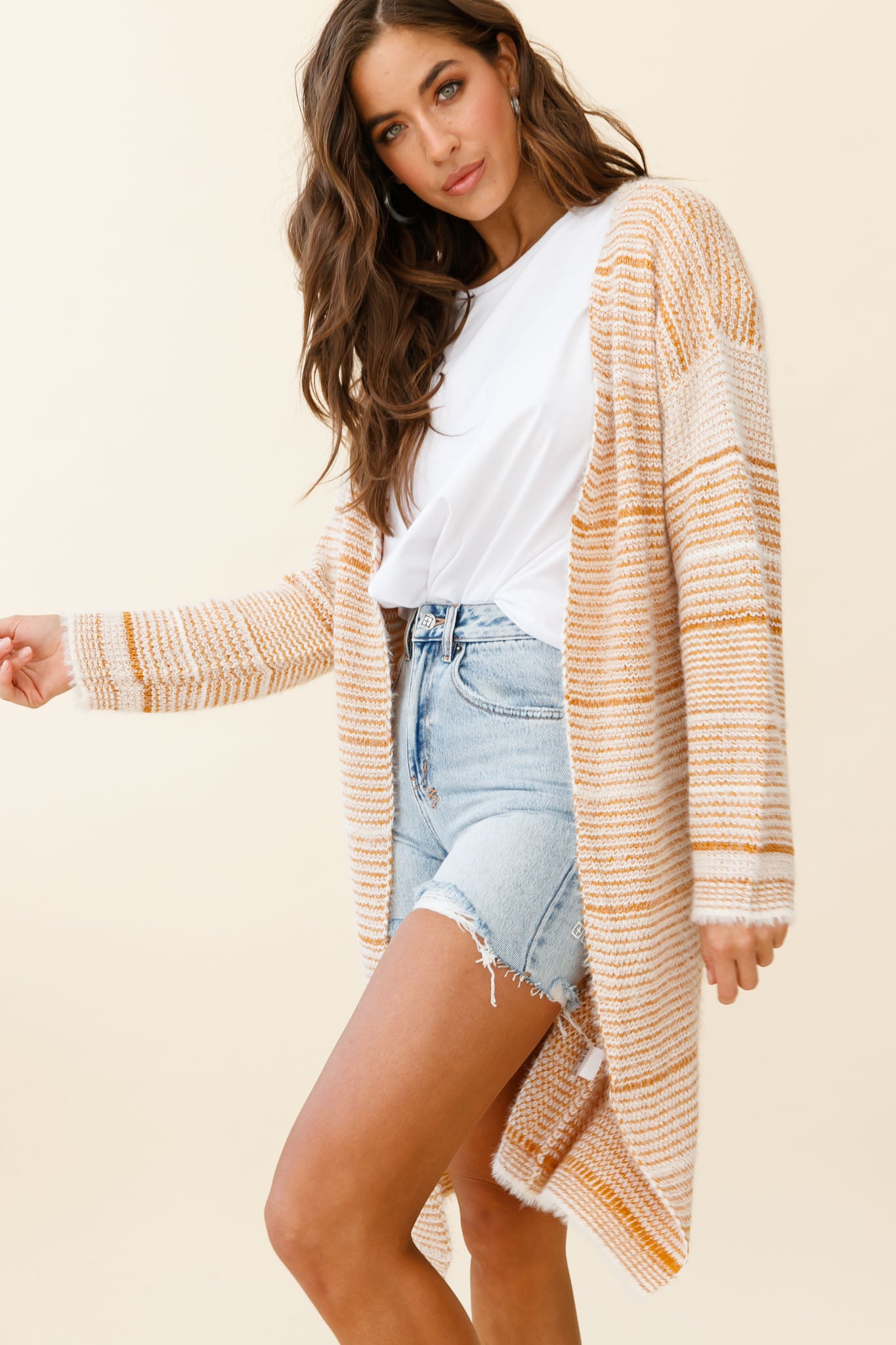 Moon Shine Fuzzy Knit Long Cardigan Striped Beige-Fable Dress