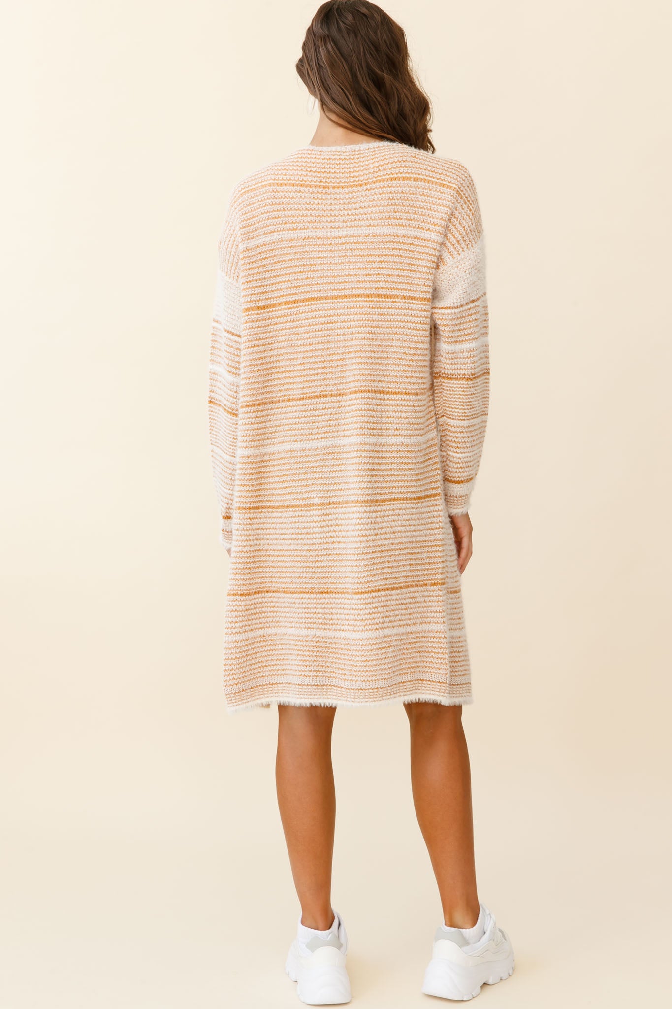 Moon Shine Fuzzy Knit Long Cardigan Striped Beige-Fable Dress