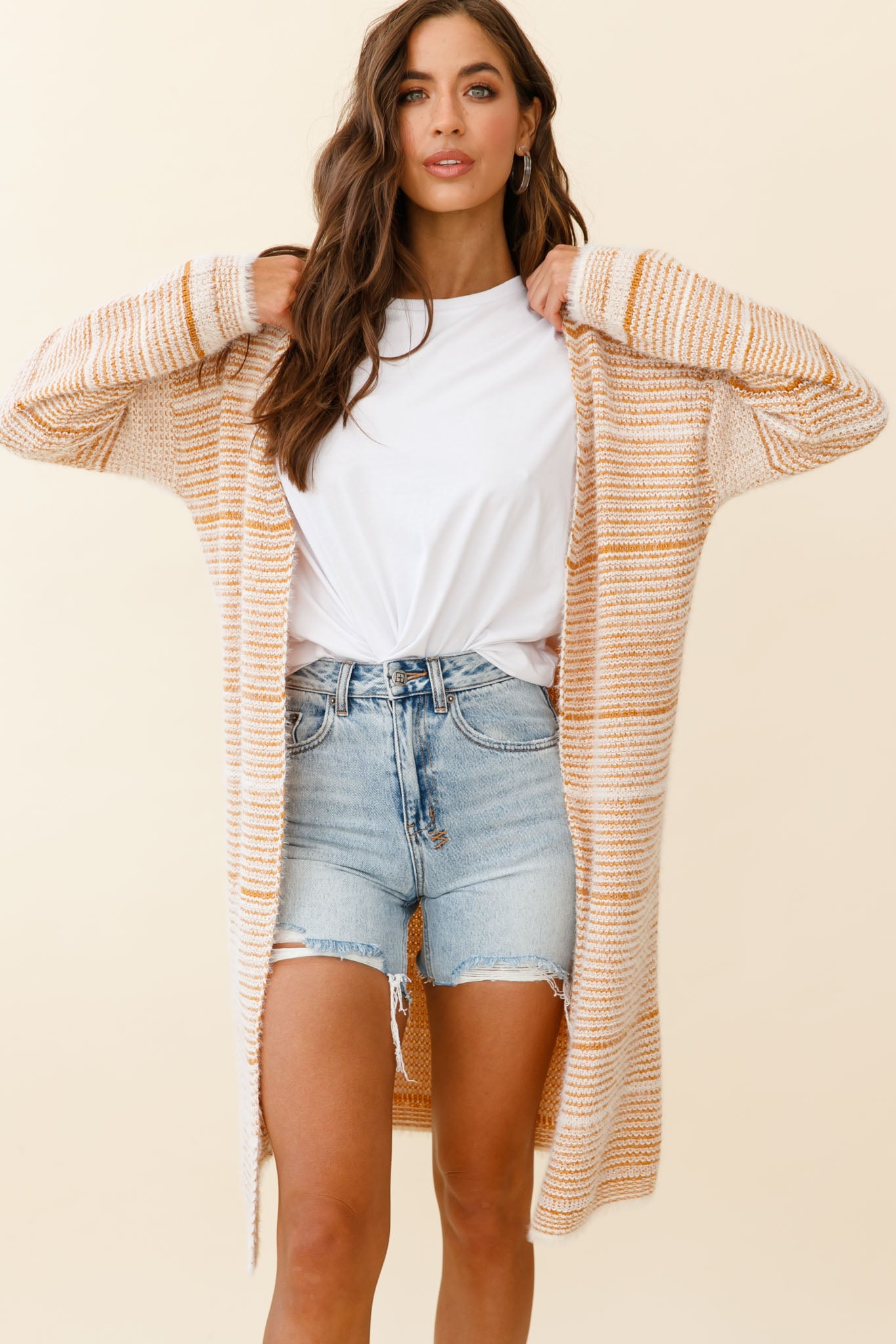 Moon Shine Fuzzy Knit Long Cardigan Striped Beige-Fable Dress