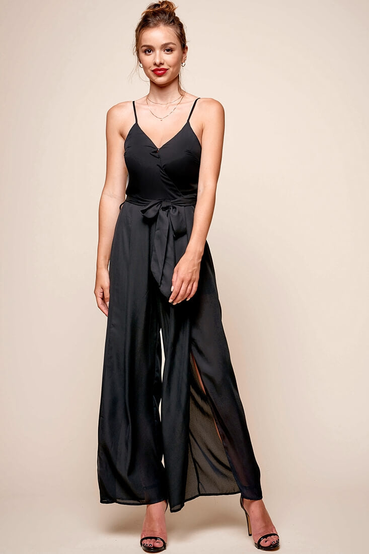 Carrie High Slit Chiffon Jumpsuit Black-Fable Dress