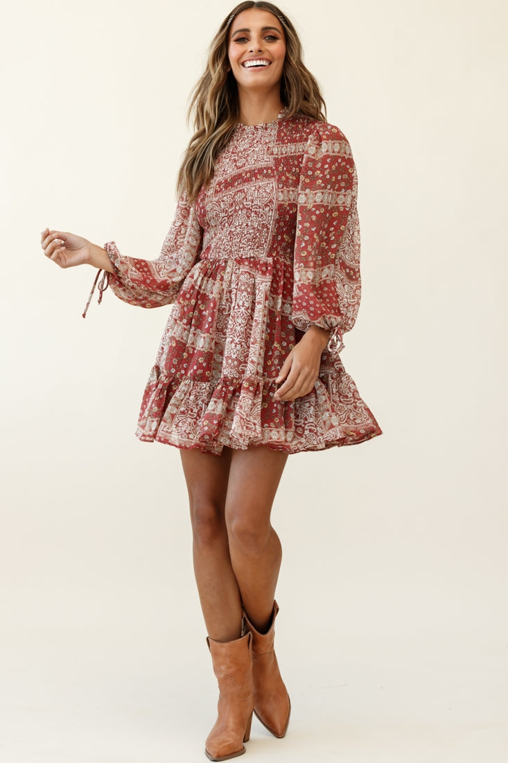 Marja Long Balloon Sleeve Shirred Dress Paisley Print Burgundy-Fable Dress