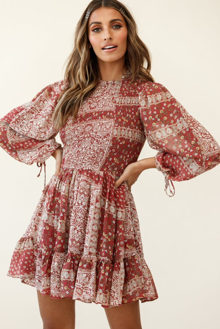 Marja Long Balloon Sleeve Shirred Dress Paisley Print Burgundy-Fable Dress