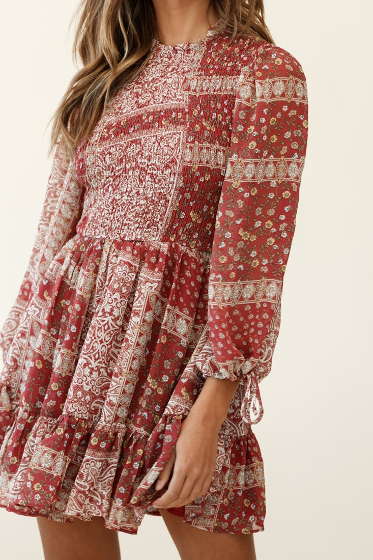 Marja Long Balloon Sleeve Shirred Dress Paisley Print Burgundy-Fable Dress