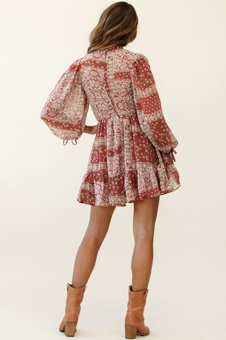 Marja Long Balloon Sleeve Shirred Dress Paisley Print Burgundy-Fable Dress