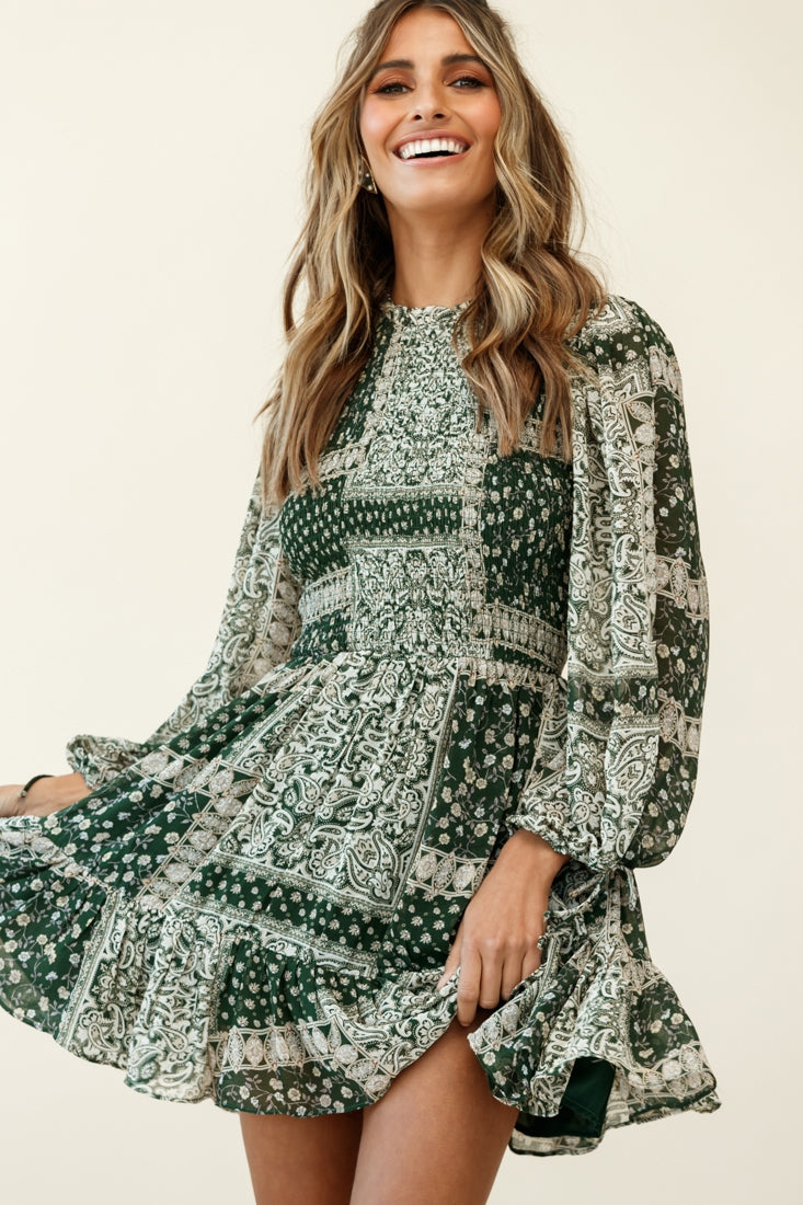 Marja Long Balloon Sleeve Shirred Dress Paisley Print Forest Green-Fable Dress