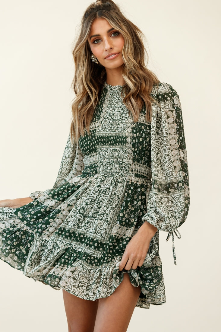 Marja Long Balloon Sleeve Shirred Dress Paisley Print Forest Green-Fable Dress