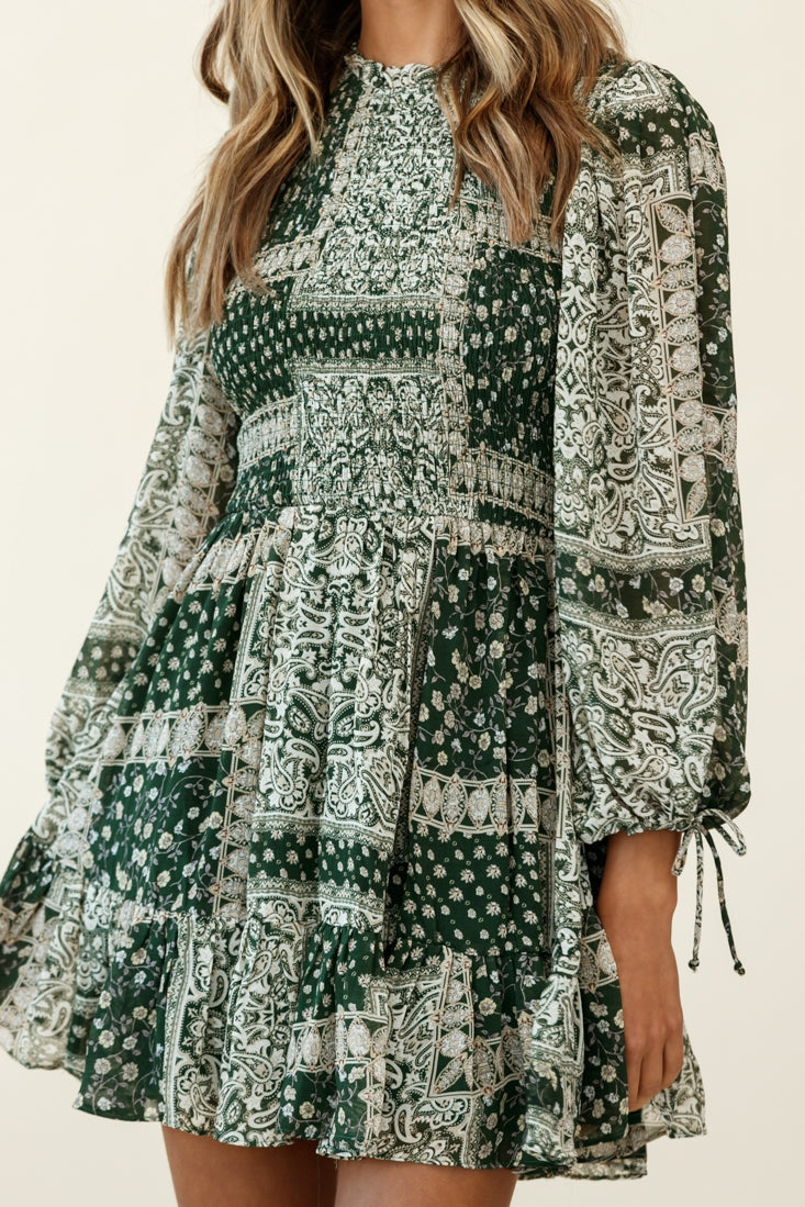 Marja Long Balloon Sleeve Shirred Dress Paisley Print Forest Green-Fable Dress