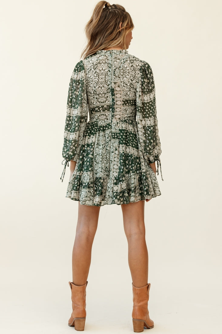 Marja Long Balloon Sleeve Shirred Dress Paisley Print Forest Green-Fable Dress