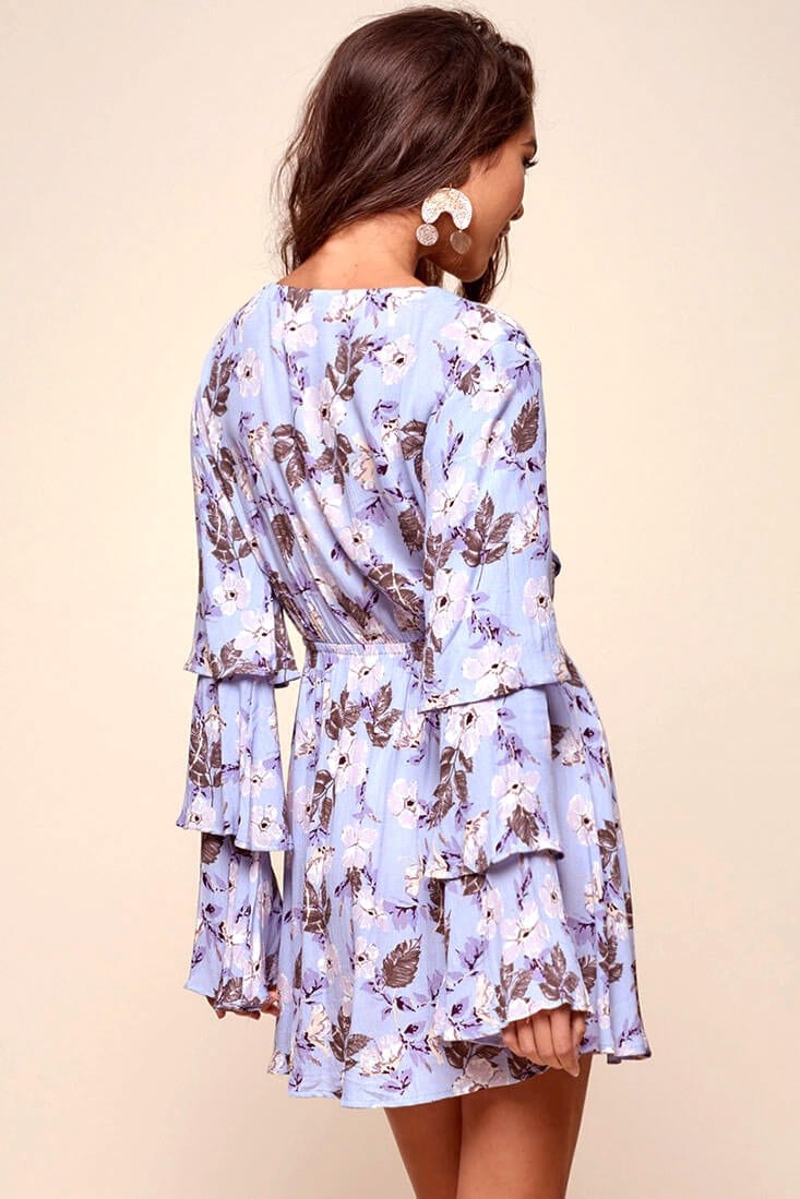 Marisol Deep V Tiered Bell Sleeve Dress Blue-Fable Dress