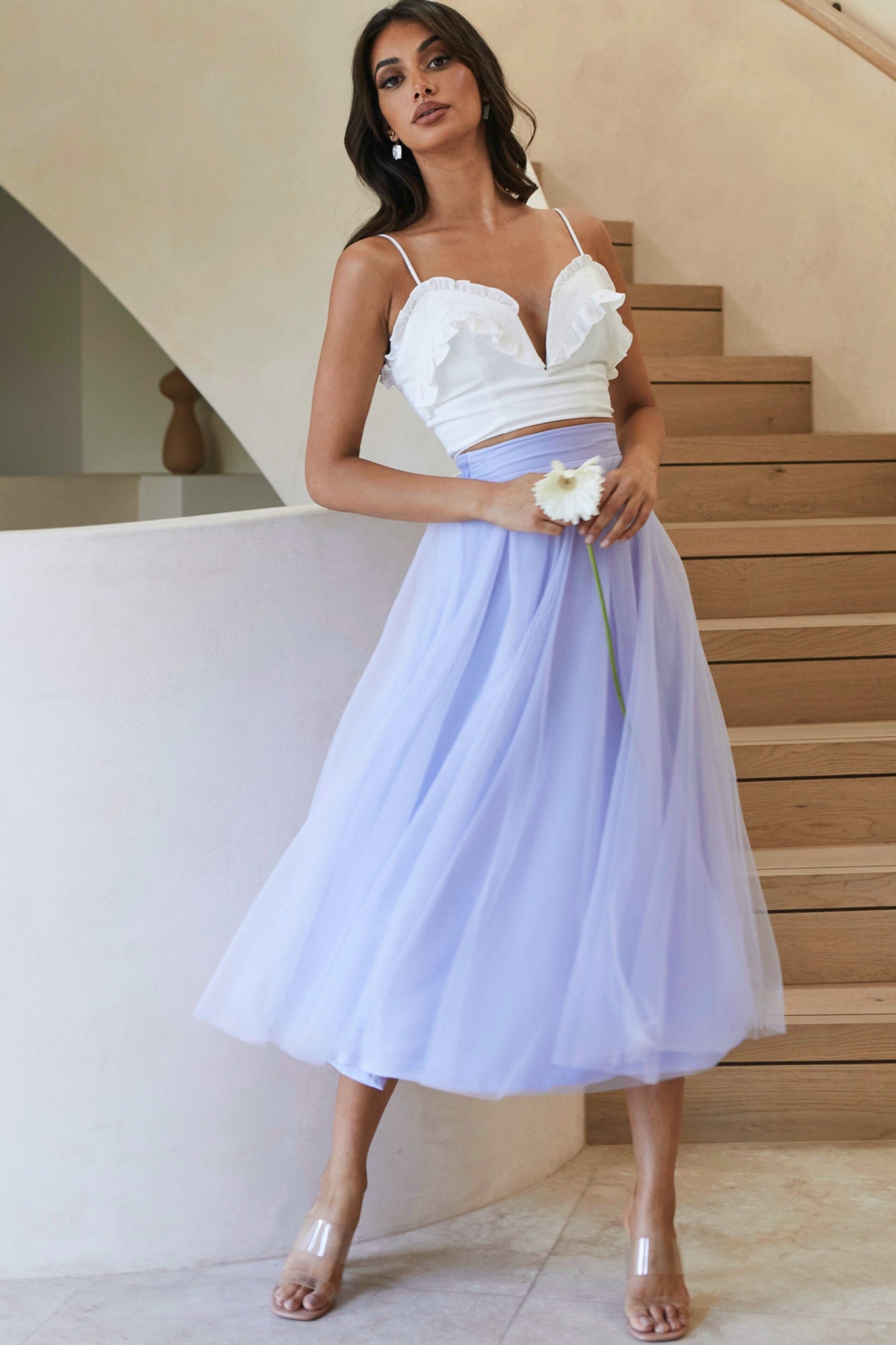 La Seine V-Neckline Frill Trim Crop Top White-Fable Dress