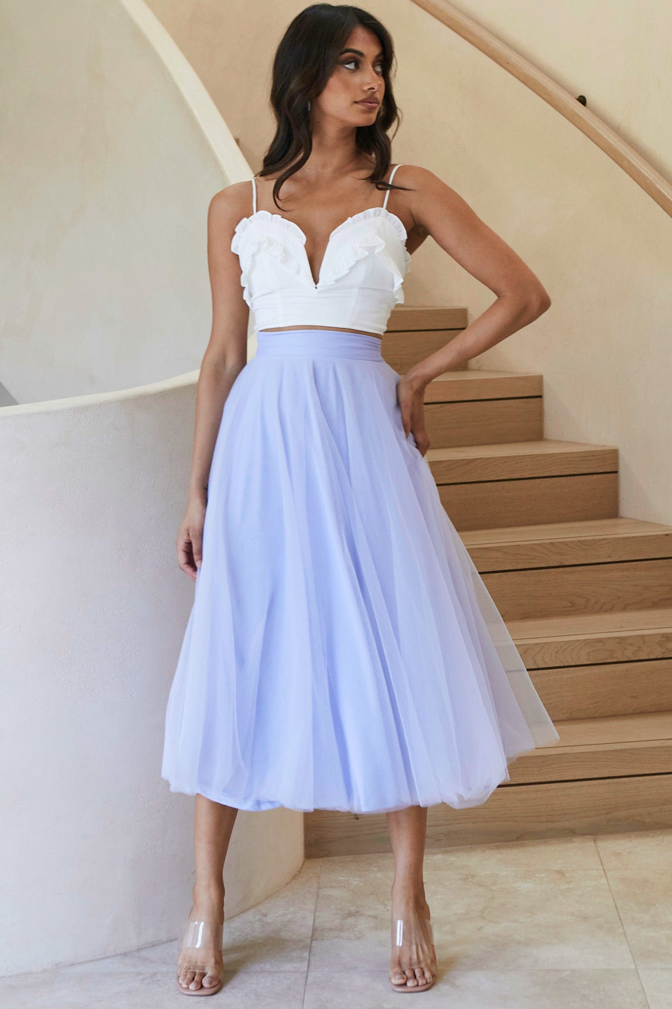 La Seine V-Neckline Frill Trim Crop Top White-Fable Dress