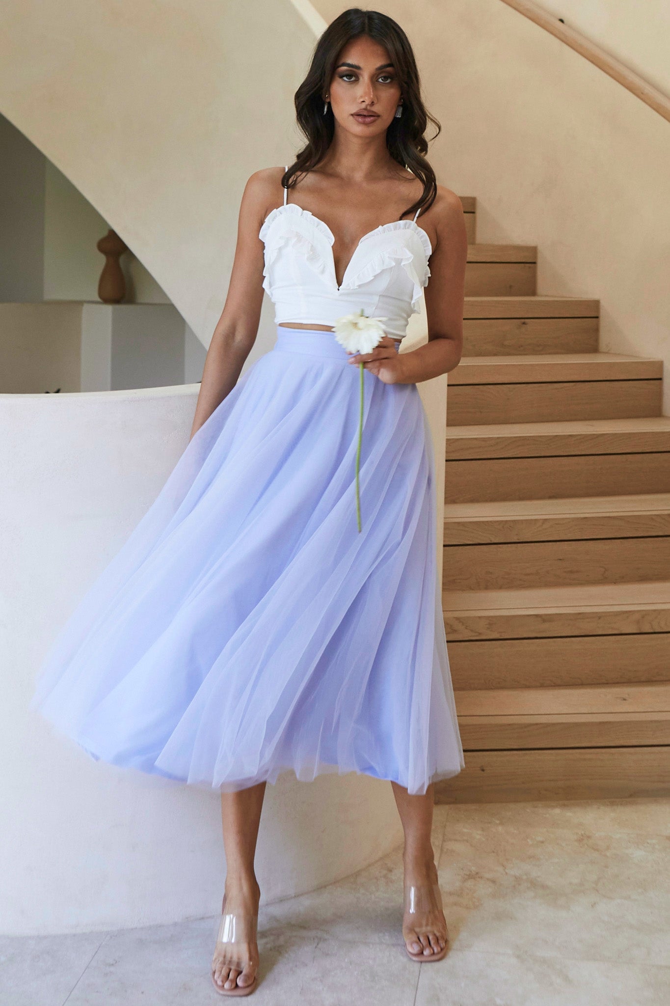 La Seine V-Neckline Frill Trim Crop Top White-Fable Dress