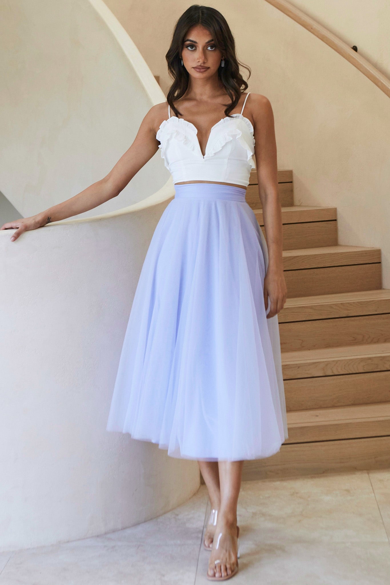 La Seine V-Neckline Frill Trim Crop Top White-Fable Dress