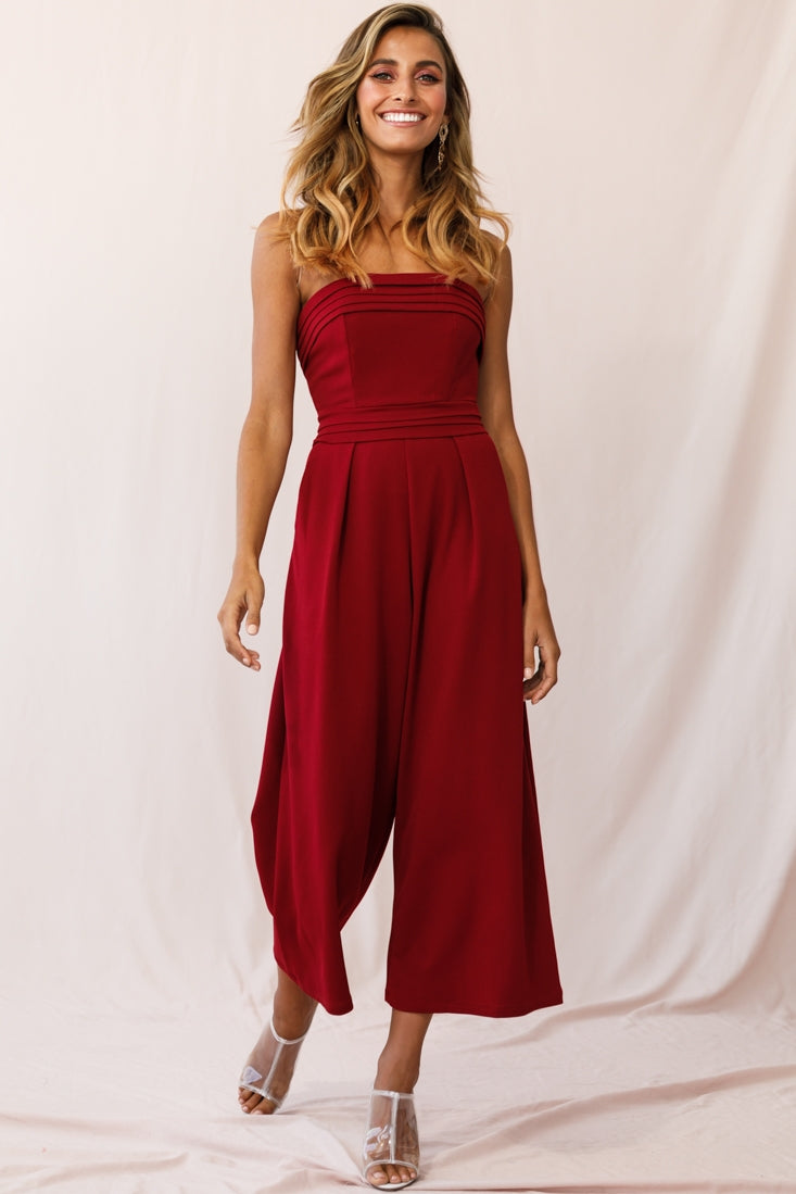 Chosen Strapless Wide Leg Jumpsuit Wine-Fable Dress