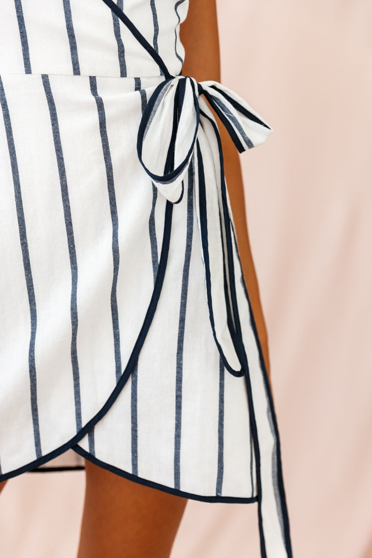 Wimbeldon True Wrap Dress Stripe Print White/Navy-Fable Dress