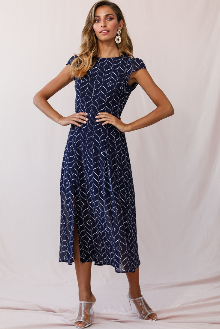 Becky Cap Sleeve Crew Neck Midi Dress Dot Print Navy-Fable Dress