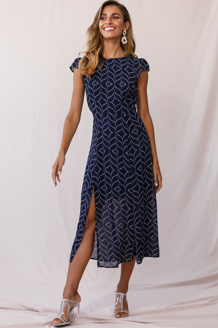 Becky Cap Sleeve Crew Neck Midi Dress Dot Print Navy-Fable Dress