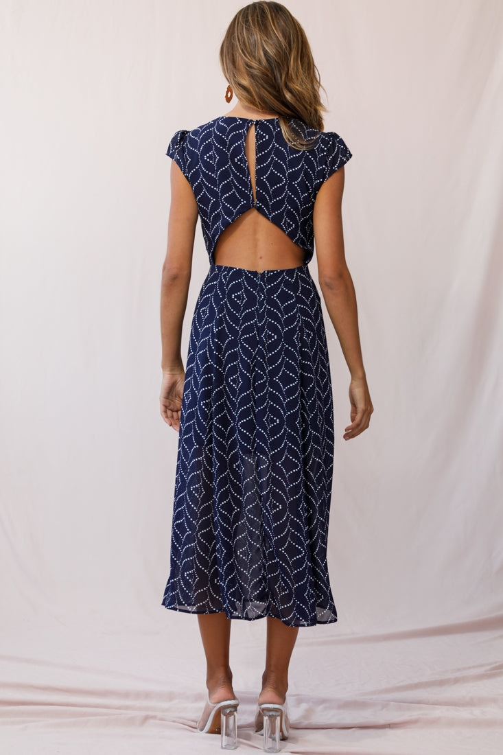 Becky Cap Sleeve Crew Neck Midi Dress Dot Print Navy-Fable Dress