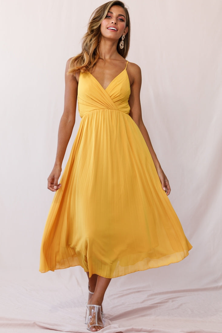 Artemis Accordion Pleat Strappy Back Midi Dress Mustard-Fable Dress
