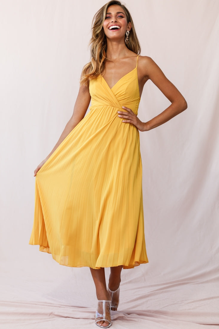 Artemis Accordion Pleat Strappy Back Midi Dress Mustard-Fable Dress