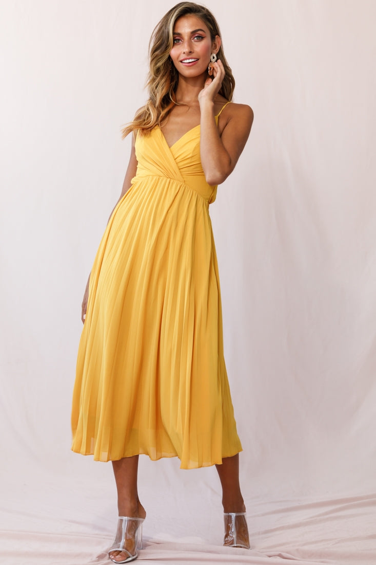 Artemis Accordion Pleat Strappy Back Midi Dress Mustard-Fable Dress
