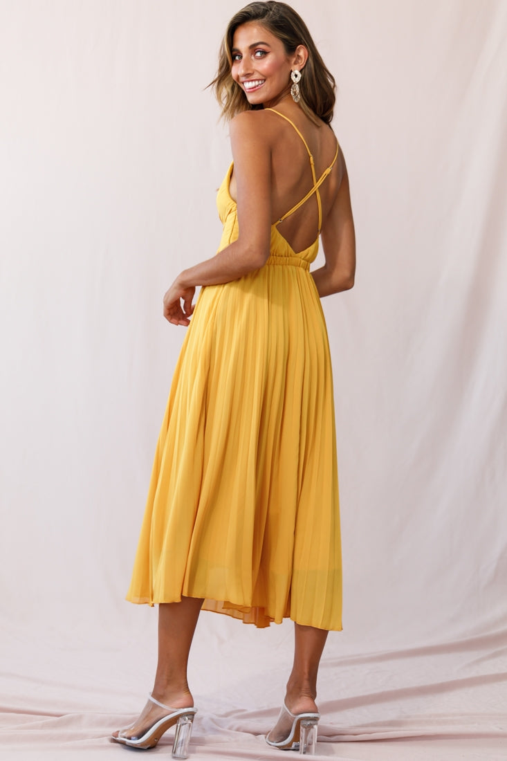 Artemis Accordion Pleat Strappy Back Midi Dress Mustard-Fable Dress