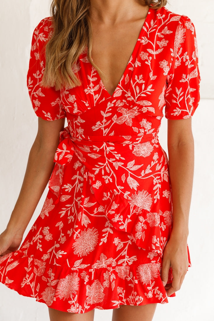 Wonderland Wrap Front Tea Dress Floral Print Red-Fable Dress