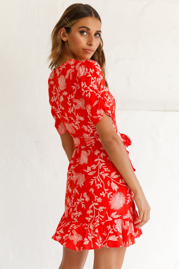 Wonderland Wrap Front Tea Dress Floral Print Red-Fable Dress