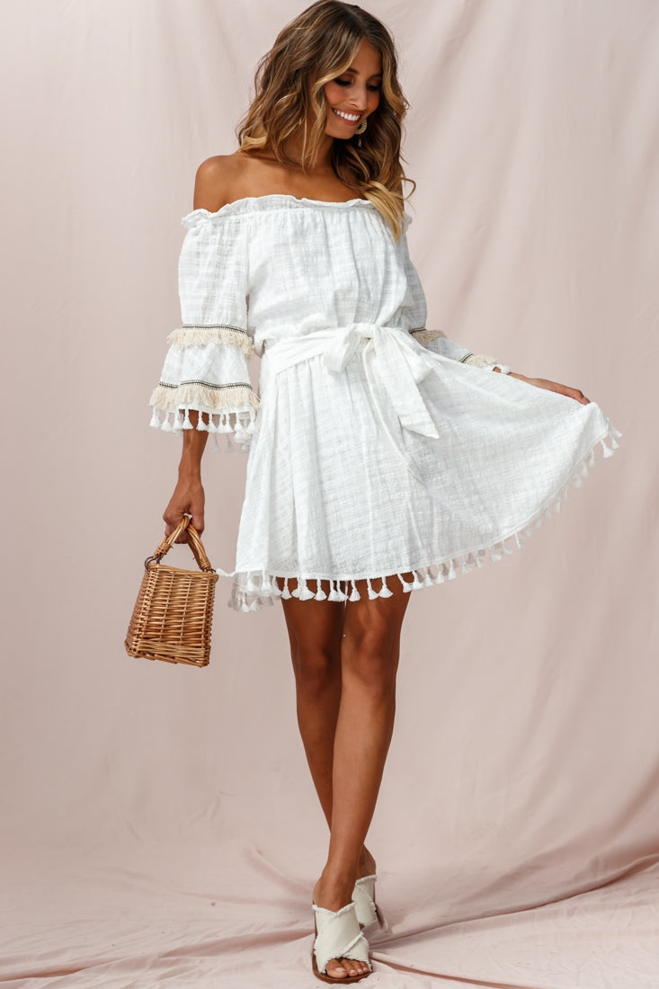 Maya Off-Shoulder Lined Tassel Dress White-Fable Dress