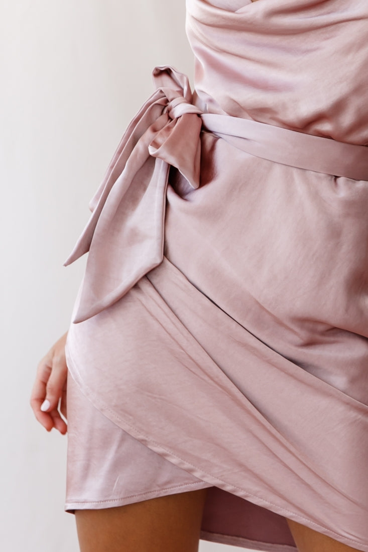 Bebe Satin Cowl Neck Wrap Dress Rose Gold-Fable Dress