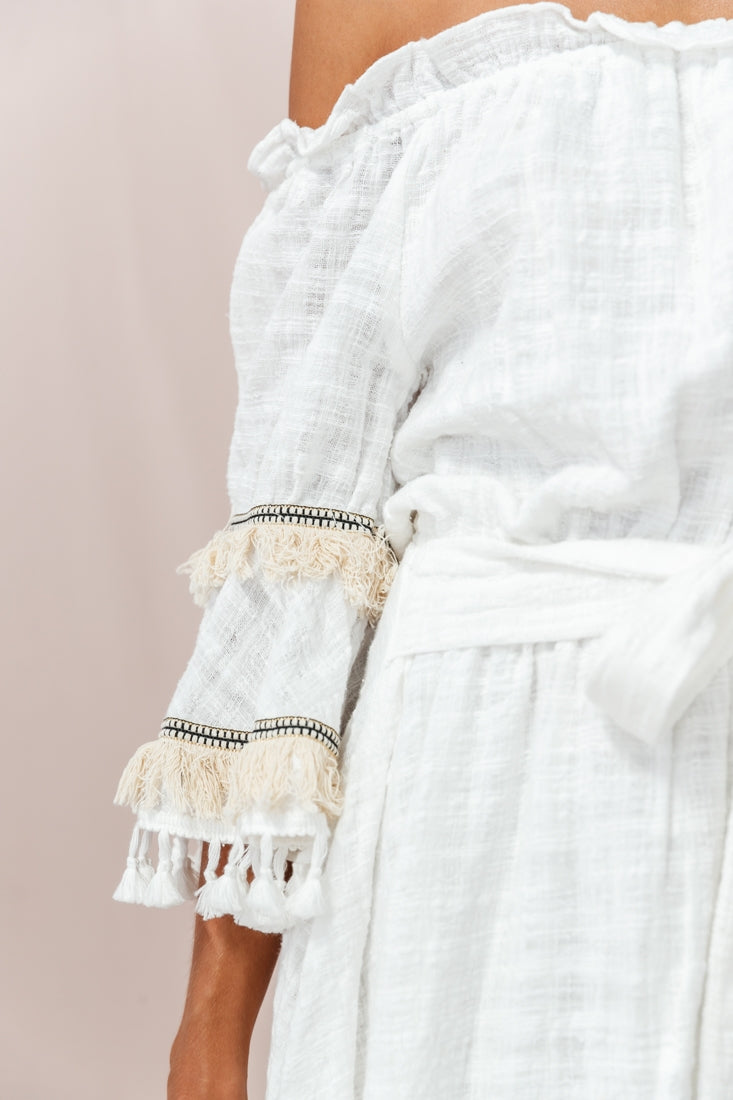 Maya Off-Shoulder Lined Tassel Dress White-Fable Dress