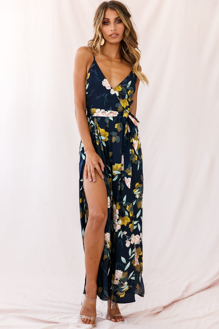 Carrie High Slit Cami Jumpsuit Navy-Fable Dress