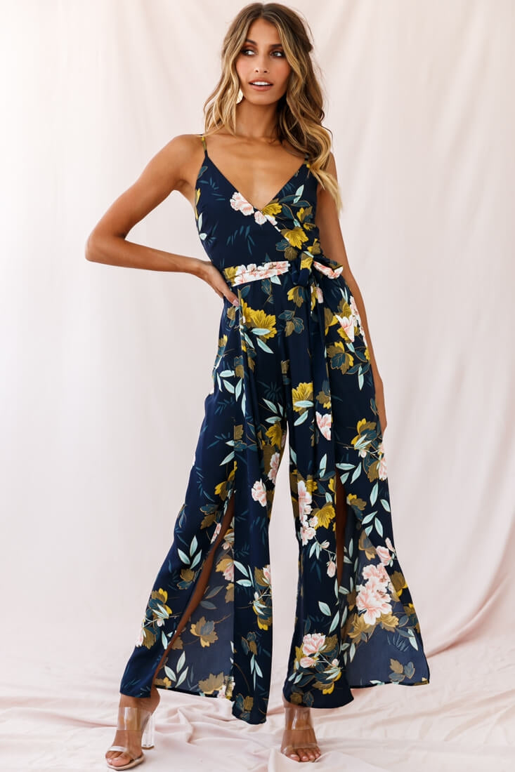 Carrie High Slit Cami Jumpsuit Navy-Fable Dress