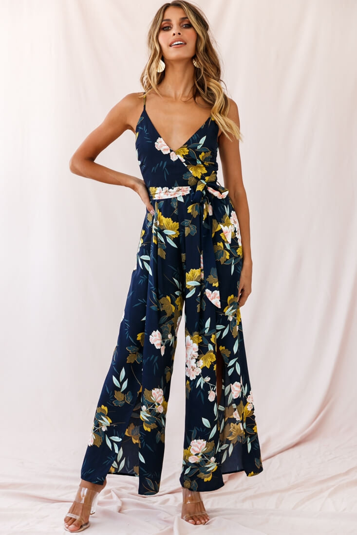 Carrie High Slit Cami Jumpsuit Navy-Fable Dress