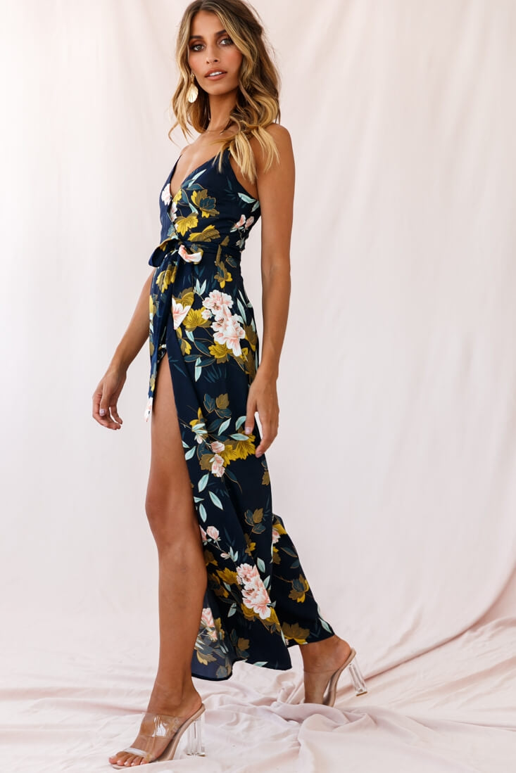 Carrie High Slit Cami Jumpsuit Navy-Fable Dress