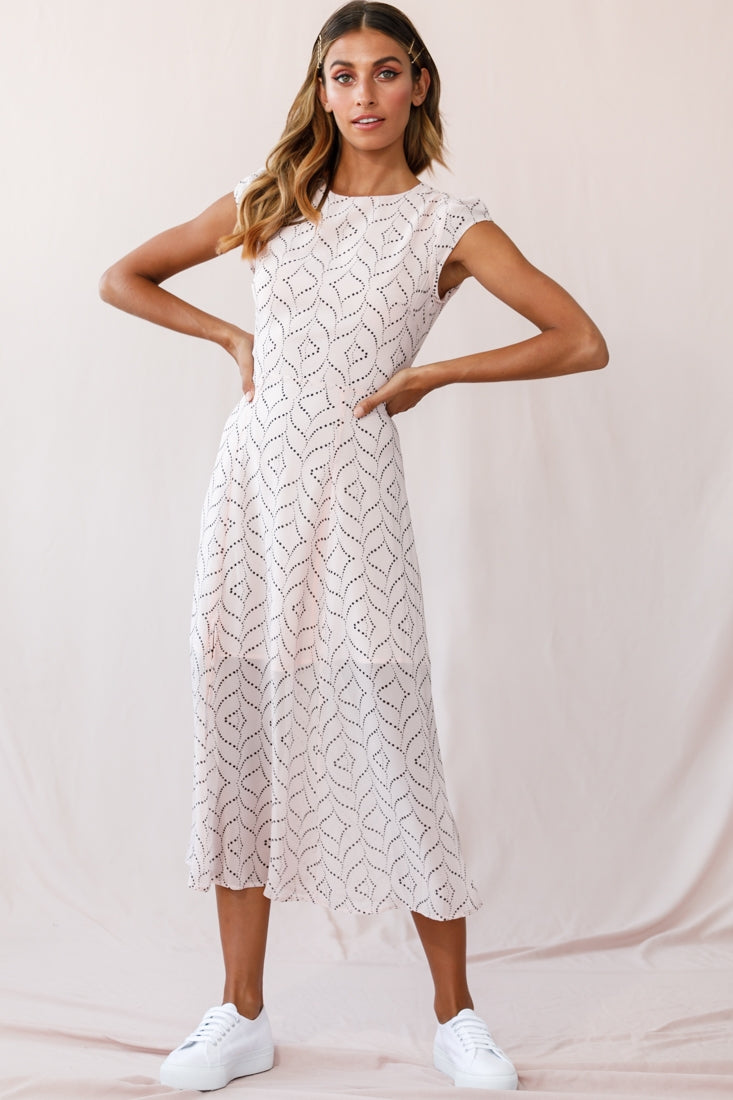 Becky Cap Sleeve Crew Neck Midi Dress Dot Print Blush-Fable Dress