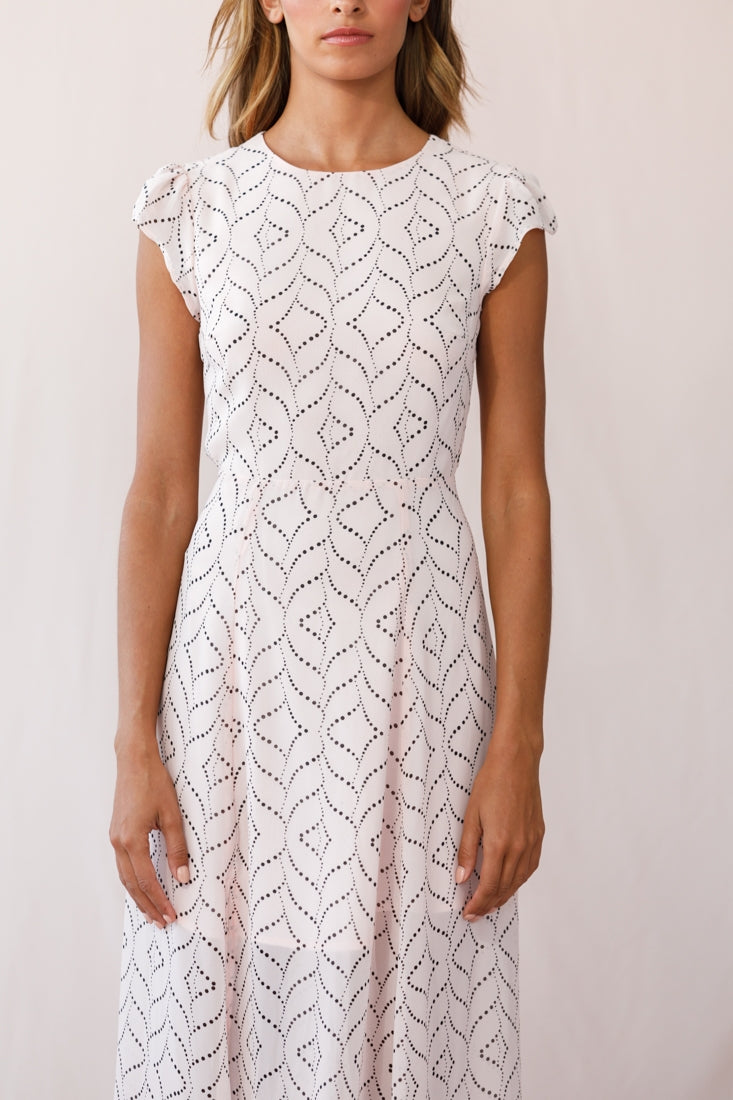 Becky Cap Sleeve Crew Neck Midi Dress Dot Print Blush-Fable Dress