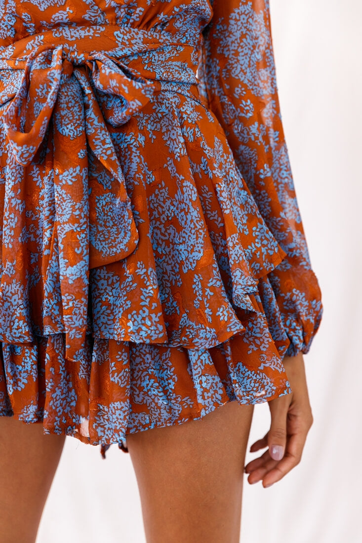 Maddox Fit & Flare Long Sleeve Floral Romper Tan-Fable Dress