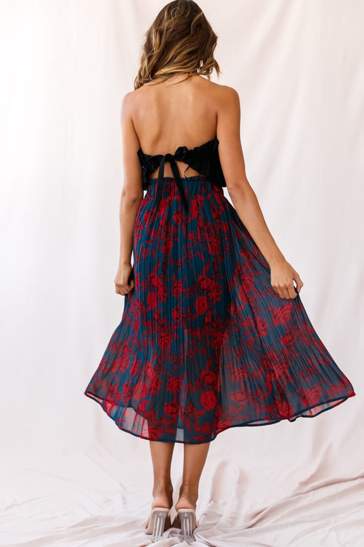 Caroline Accordion Pleat Midi Skirt Forest Green/Red-Fable Dress